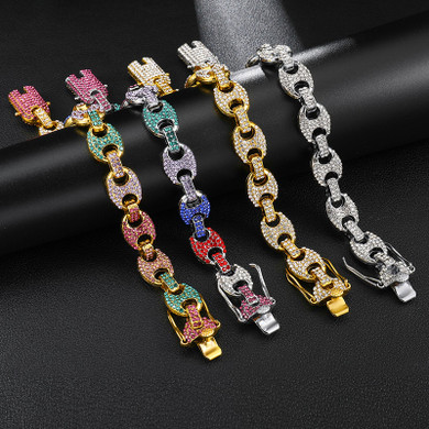 Iced Multi-Color 12mm Simulated Diamond 14k Gold Silver G Link Coffee Bean Bracelets