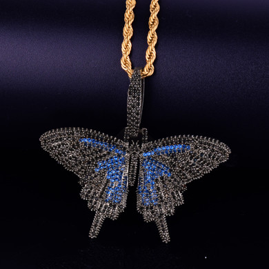 18k Gold .925 Silver Micro Pave Stone Enchanted Butterfly Iced Pendant Chain Necklace 