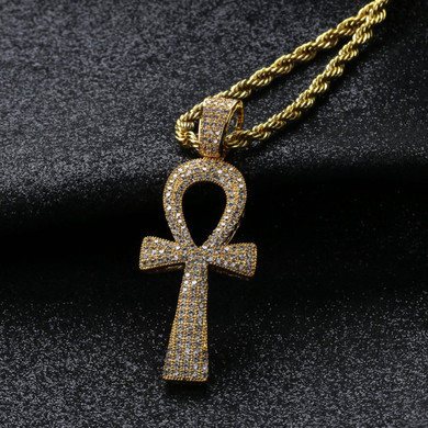 Hip Hop New Style 14k Gold Silver Ankh Cross AAA Micro Pave Pendant Chain Necklace