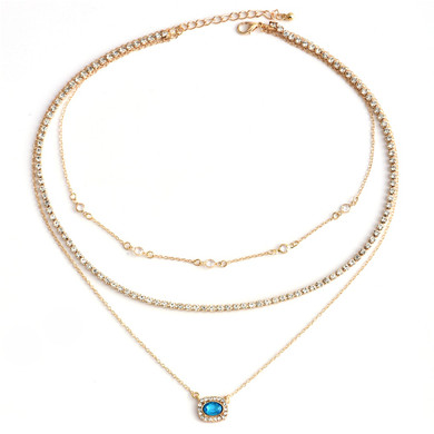 Ladies Blue CZ Crystal Round Bead Boho Clavicle Chain Pendant Necklace
