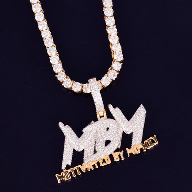 AAA True Micro Pave Motivated By Money Flooded Ice MBM 18k Gold Pendant Chain 