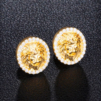 AAA Micro Paved King Lion Head Flooded Ice 14k Gold Bling Earrings 