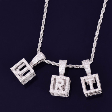 18k Gold .925 Silver Baby Block Square Flooded Ice Initial Letter AAA Micro Pave Pendant Chain Necklace