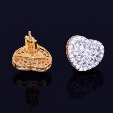 14MM Heart-Shaped AAA Micro Pave Stud 14k Gold Silver Simulate Diamond Bling Earrings