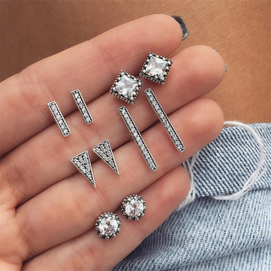  Ladies Boho Retro Triangle Round Geo Crystal Silver Bling Earrings Set