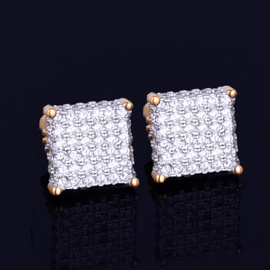8MM Four Corners Gold Silver Super Iced Square Stud Hip Hop Earrings