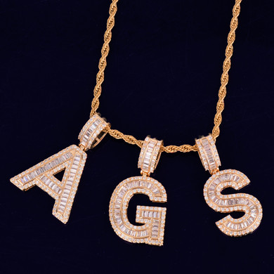 18k Gold Silver Rose Gold Baguette Initials Pave Stone Diamond Simulate Letters Pendants