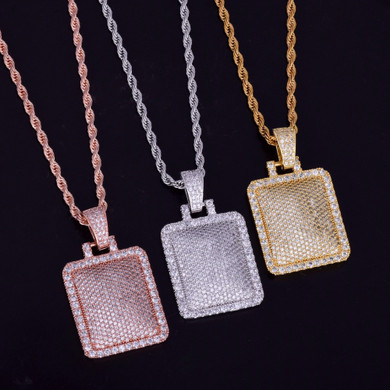 Iced 18k .925 Silver Rose Gold Micro Pave Square Big Boy Hip Hop Pendant Chain Necklace