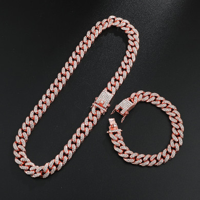 13mm Rose Gold AAA Simulate Diamond Cuban Link Chain Bracelet Hip Hop Jewelry Set