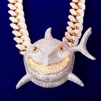 Crazy 18k .925 Crushed Ice AAA Micro Pave Shark Head Pendant 20MM Cuban Chain Necklace