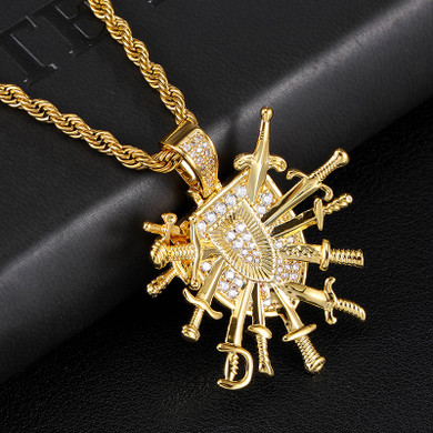 White Gold 18k Gold Shield Dagger Crest Emblem Flooded Ice Pendant Chain Necklace