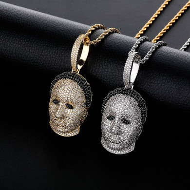 Jason Mask AAA Micro Pave 14k Gold Flooded Ice Bling Pendant Chain Necklace