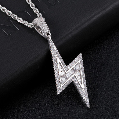 Handset Baguette Stone AAA Micro Pave 18k Gold .925 Silver Lightning Strike Pendant