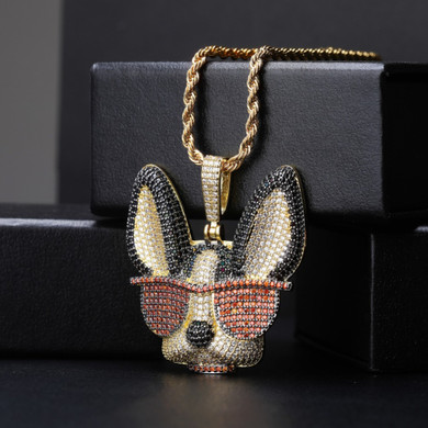 18k Gold Flooded Ice Puppy Dog Pup In Sunglasses Hip Hop Pendant Chain Necklace