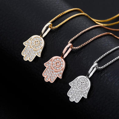14k Rose Gold Over Sterling Silver Flooded Ice Hamsa Hand Bling Pendant Chain Necklace