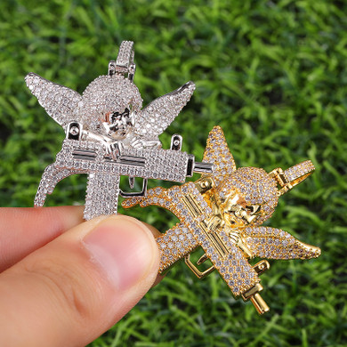 Flooded Ice Uzi Machine Hip Hop Guardian Angel Bling Pendant Chain Necklace