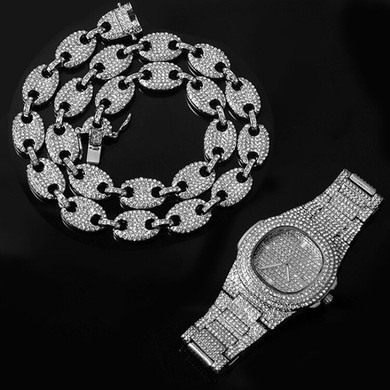 Flooded Ice Coffee Bean Hip Hop 14k Gold 925 Silver Watch Chain Bracelet Combo Set