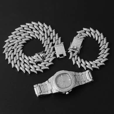 Crown Of Thorns Hip Hop 19MM Flooded Ice 3pcs Watch Necklace Bracelet Combo Set It Off Set