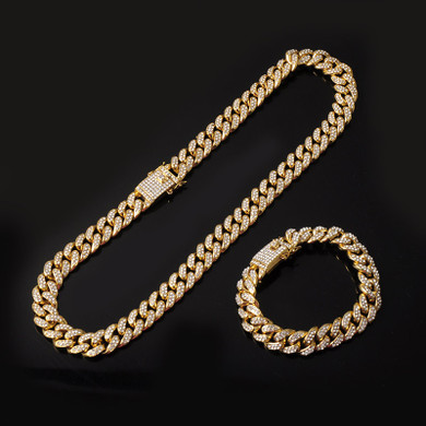 Hip Hop 13mm Fully Iced Paved Miami Cuban Link Chain Bracelet Fire Stater Combo 