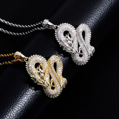 Mens Street Wear Ice Sculptured Detailed Dragon Hip Hop Pendant Chain Necklace 