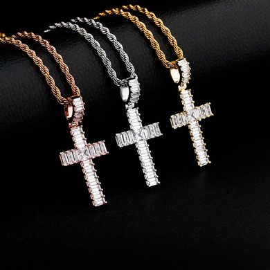 Mens Hip Hop All Squared Baguette Micro Prong Set Bling Cross Pendant