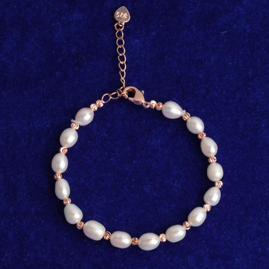 Ladies Casual High Fashion 925 Sterling Silver Rose Yellow Gold Pearl Bracelet