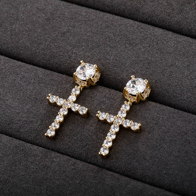 Ladies High Quality Ladies 14k White Yellow Gold Center Stone Bling Cross Drop Earrings