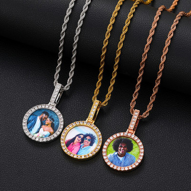 Solid .925 Sterling Silver Genuine Lab Diamond Custom Photo Memory Hip Hop Casual Pendant Chain Necklace