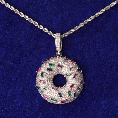 Flooded Ice Gemstone Sprinkles Donut Dough Nut Hip Hop Pendant Chain Necklace