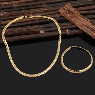 24k Gold 7mm Cuban Link Snake Chain Necklace Bracelet Combo Set