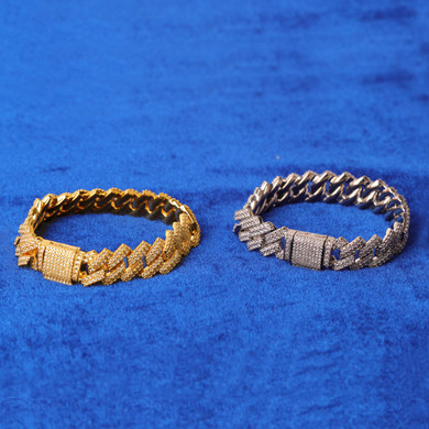 24k Yellow 14k White Gold Close Cut Cluster Stone Miami Cuban Link Hip Hop Bracelet