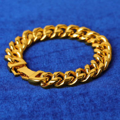 Mens 12mm 18k Gold Over Solid Stainless Steel Miami Cuban Link Bracelet