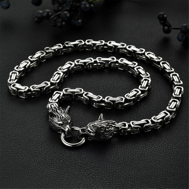 Mens Double Wolf Head Byzanite Born To Dominate Stainless Steel Chain Necklace