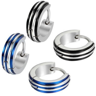 Mens Ultra Fashion Striped The Unique Man Stainless Steel Huggie Hoop Bling Earrings