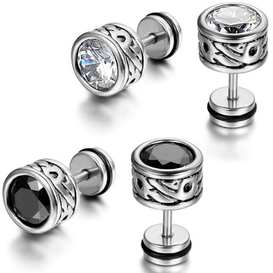 Mens Stainless Steel Classic Vintage Look Black Zircon Bling Bling No Tarnish Earrings