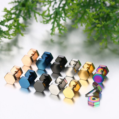 High Fashion Octagon Dumbbell Gold Silver Blue Black over Stainless Steel Street Wear Earrings