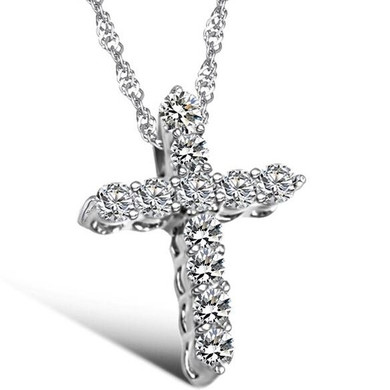 Womens Bling Glamorous Big Stone CZ 4 Prong Set Luxury Cross Chain Necklace