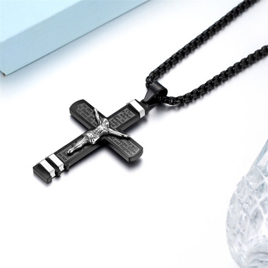Mens Lords Prayer Layered No Fade Stainless Steel Jesus Crucifix Cross Pendant Chain