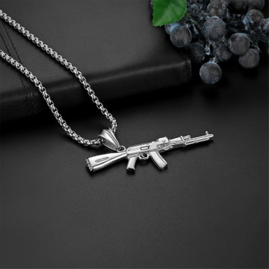 Mens Chopper Ak 47 Black Silver over No Fade Stainless Steel Army Style Hip Hop Pendant