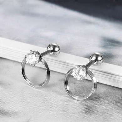 Silver over No Fade Stainless Steel Round Stud CZ Stone Circle Screw Bask Earrings