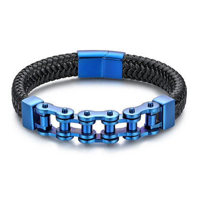 Mens 316L Stainless Steel No Tarnish Bicycle Chain Weave Rope Blue Silver Bracelets