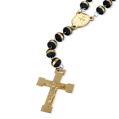 Stainless Steel No Fade Mens Cross Rosary Bead Gold Pendant Chain Necklace
