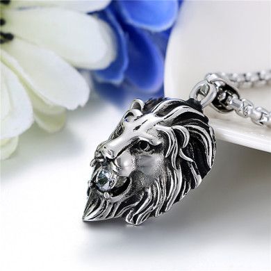 Mens Vintage Look 14k Black Stainless Steel Lion Head Cz Pendant Chain Necklace