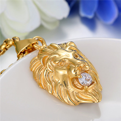 Mens Vintage Look 14k Black Stainless Steel Lion Head Cz Pendant Chain Necklace