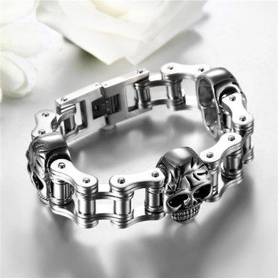 Mens No Fade Stainless Steel Hop Hop Biker Boy Skull Head Motorcycle Chain Bracelet