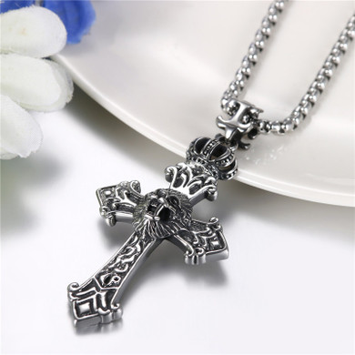 Kings Crown Lion Head No Fade Stainless Steel Cross Pendant Chain Necklace