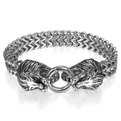 Mens High Fashion Dominant Male Double Lion Head Wide Cuban Link Bracelets