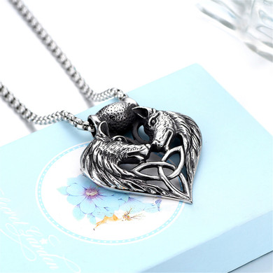 Wolf Dog Heart No Fade Stainless Steel Silver Pendant Chain Necklace