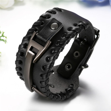 Mens Thick Pharaoh Style Genuine Leather Metal Clasp Classic Style Bracelet