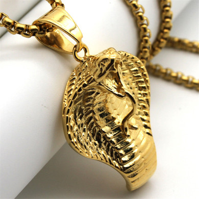 Mens No Fade 14k Gold Over Stainless Steel King Cobra Snake Pendant Chain Necklace